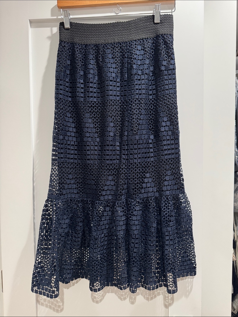 Navy Crochet Tiered Midi Skirt - Feminine Flare